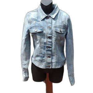 Roxy Distressed Jean Jacket with Pastel Embroidered Back Panel Size Small